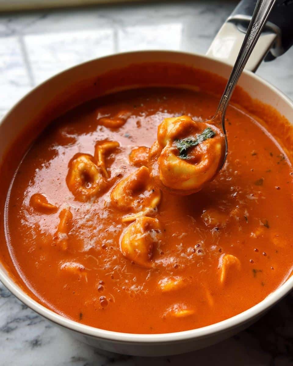 A spoonful of creamy Tomato Tortellini Soup is lifted from a white bowl, showing cheese-filled tortellini.