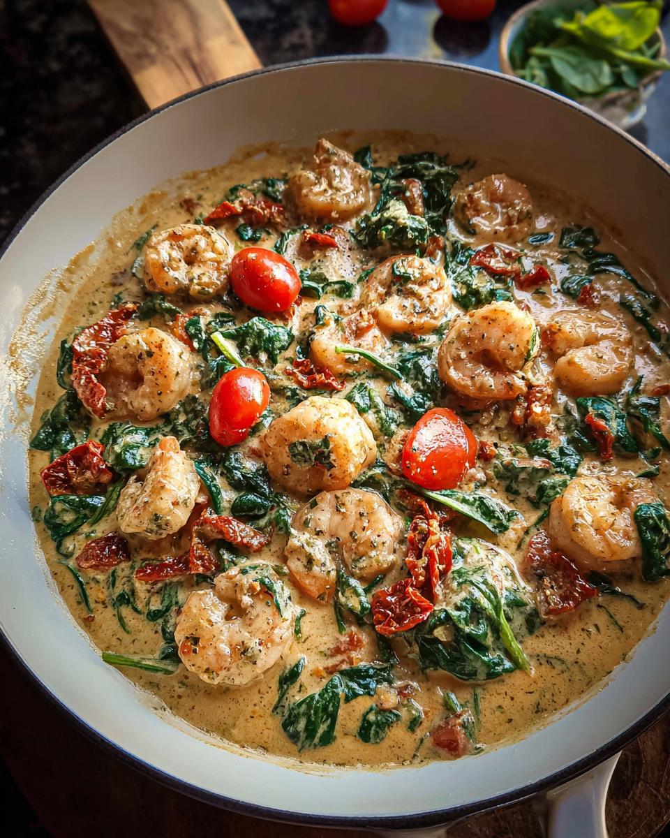 Close-up of Creamy Tuscan Shrimp cooked in a skillet with spinach, sun-dried tomatoes, and cherry tomatoes.