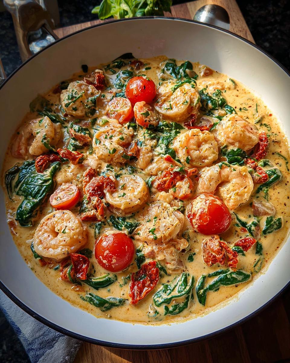A close-up overhead view of Creamy Tuscan Shrimp cooked with spinach, sun-dried tomatoes, and fresh cherry tomatoes.