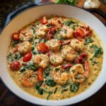 Close-up of succulent shrimp in a rich, creamy sauce with spinach, sun-dried tomatoes, and fresh tomatoes: Creamy Tuscan Shrimp.