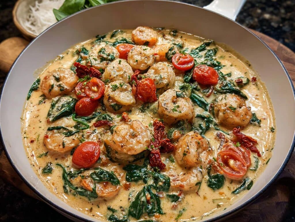 A close-up of Creamy Tuscan Shrimp cooked in a white skillet with spinach, cherry tomatoes, and sun-dried tomatoes.