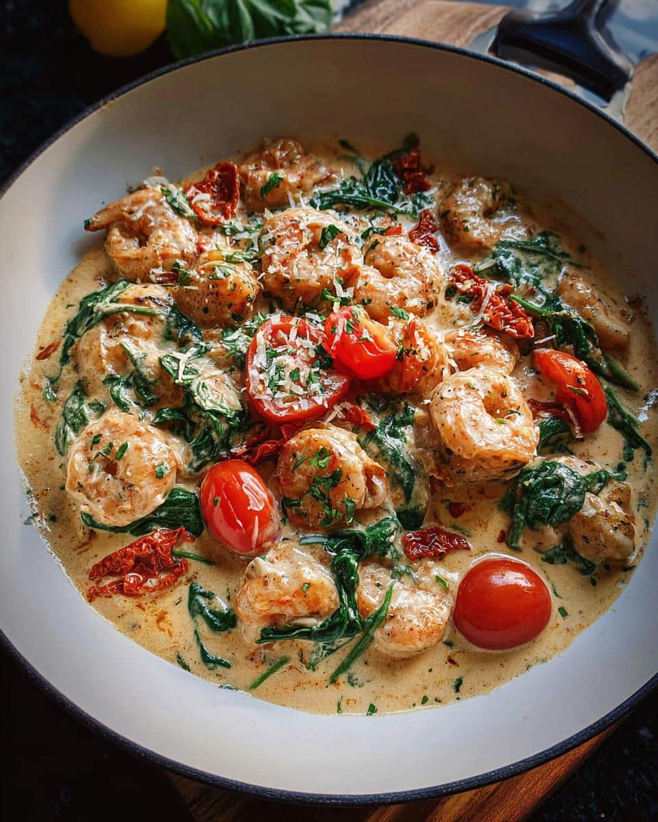 Close-up of flavorful Creamy Tuscan Shrimp with spinach, sun-dried tomatoes, and fresh cherry tomatoes in a white skillet.