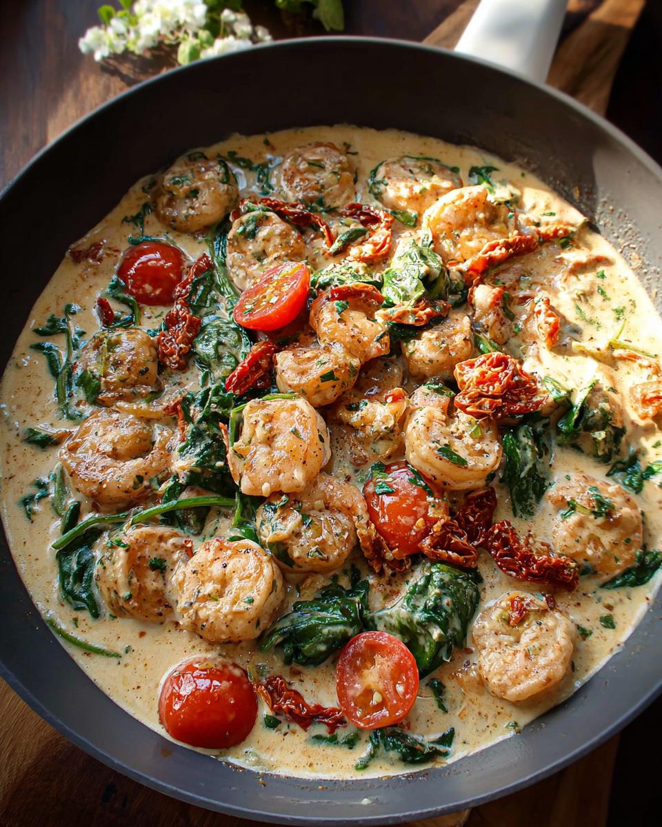 Close-up of Creamy Tuscan Shrimp cooked in a skillet with spinach, sun-dried tomatoes, and cherry tomatoes.