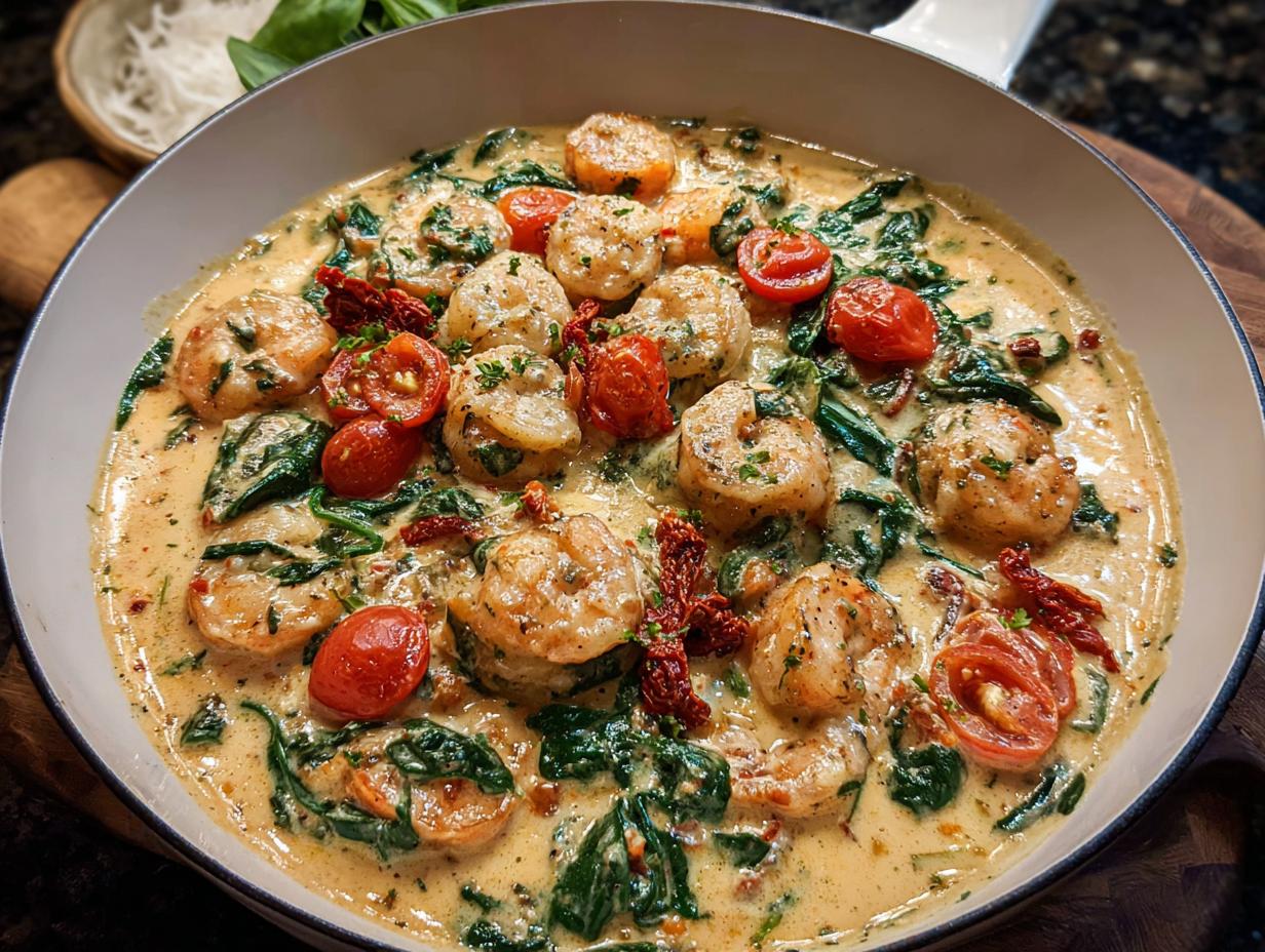 A close-up of Creamy Tuscan Shrimp cooked in a white skillet with spinach, cherry tomatoes, and sun-dried tomatoes.