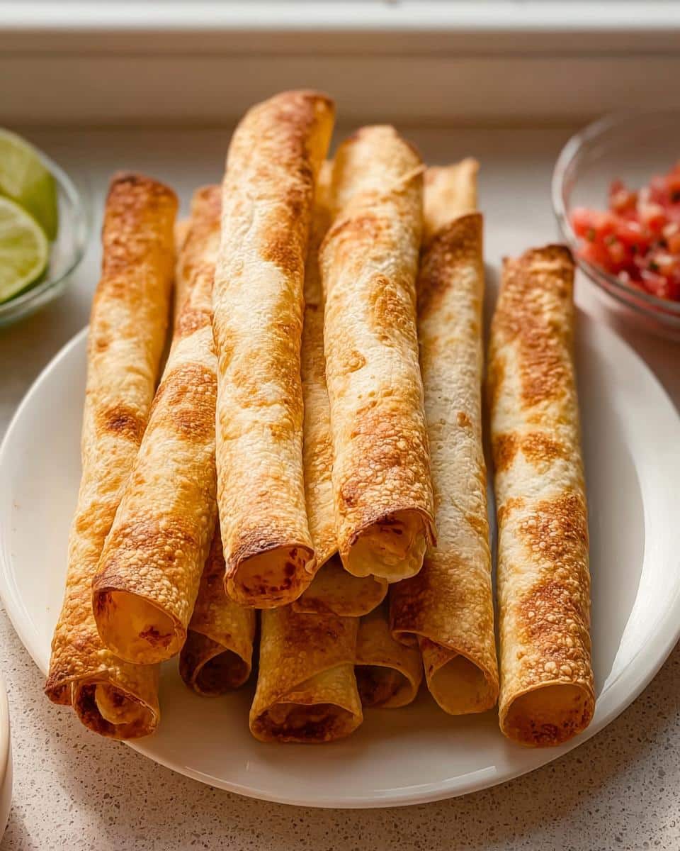 A tall stack of golden, crispy Dairy-Free Chicken Taquitos served on a white plate with salsa and lime wedges nearby.