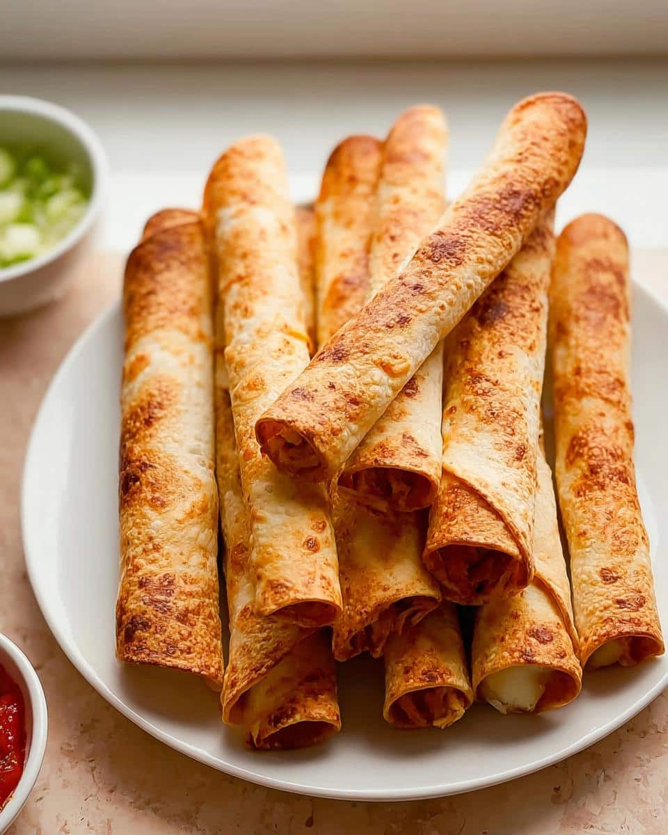 A stack of golden brown, crispy Dairy-Free Chicken Taquitos served on a white plate with dips nearby.