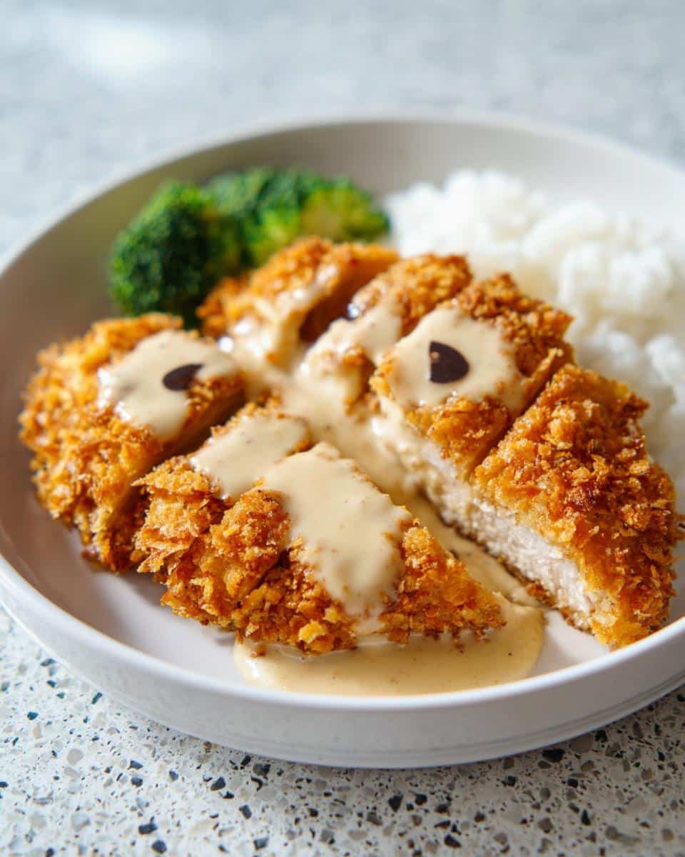 Sliced crispy garlic chicken cutlets topped with a creamy sauce, served with rice and broccoli.