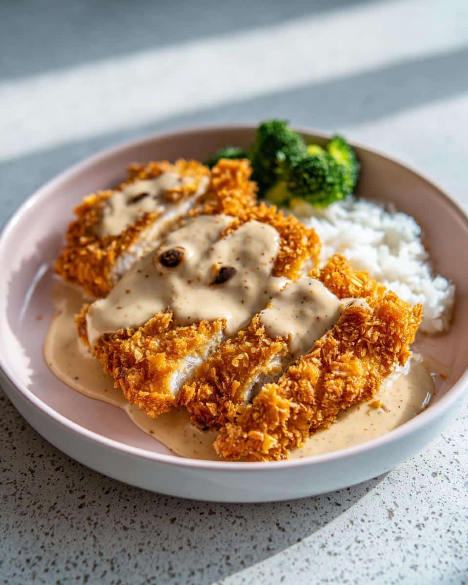 Slices of crispy garlic chicken cutlets topped with creamy sauce, served over rice and broccoli.
