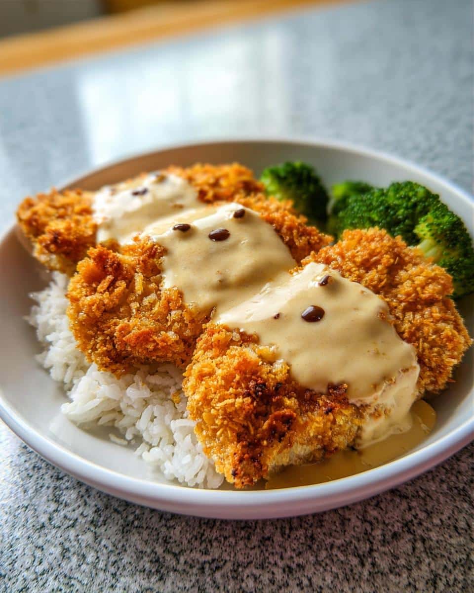 Three Crispy Garlic Chicken Cutlets covered in a creamy sauce, served over white rice with steamed broccoli.