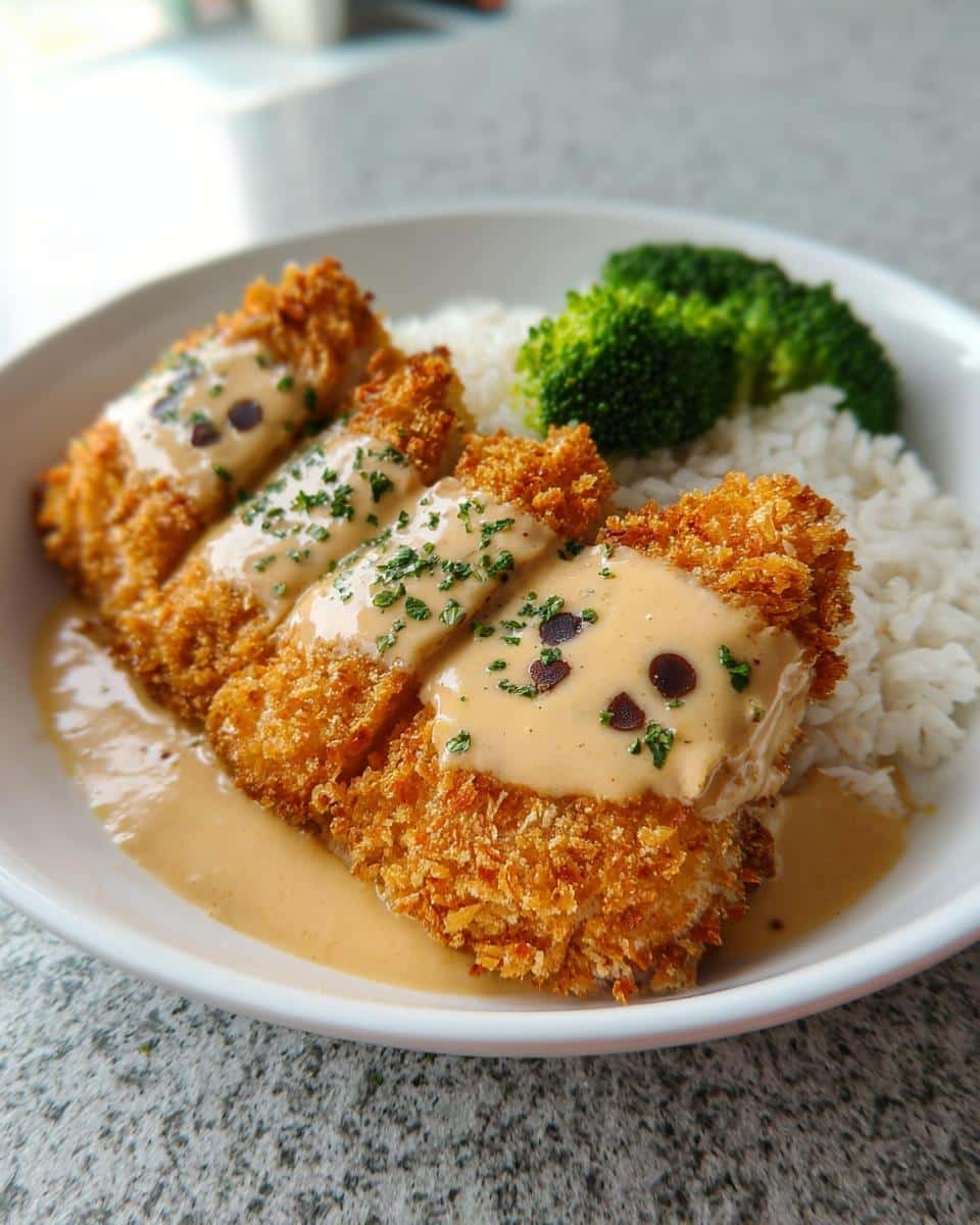 Three pieces of Crispy Garlic Chicken Cutlets drizzled with cream sauce, served over white rice with steamed broccoli.