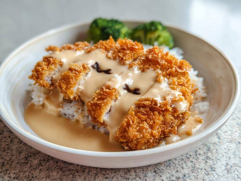 A bowl featuring crispy garlic chicken cutlets served over white rice and generously topped with a creamy garlic sauce.