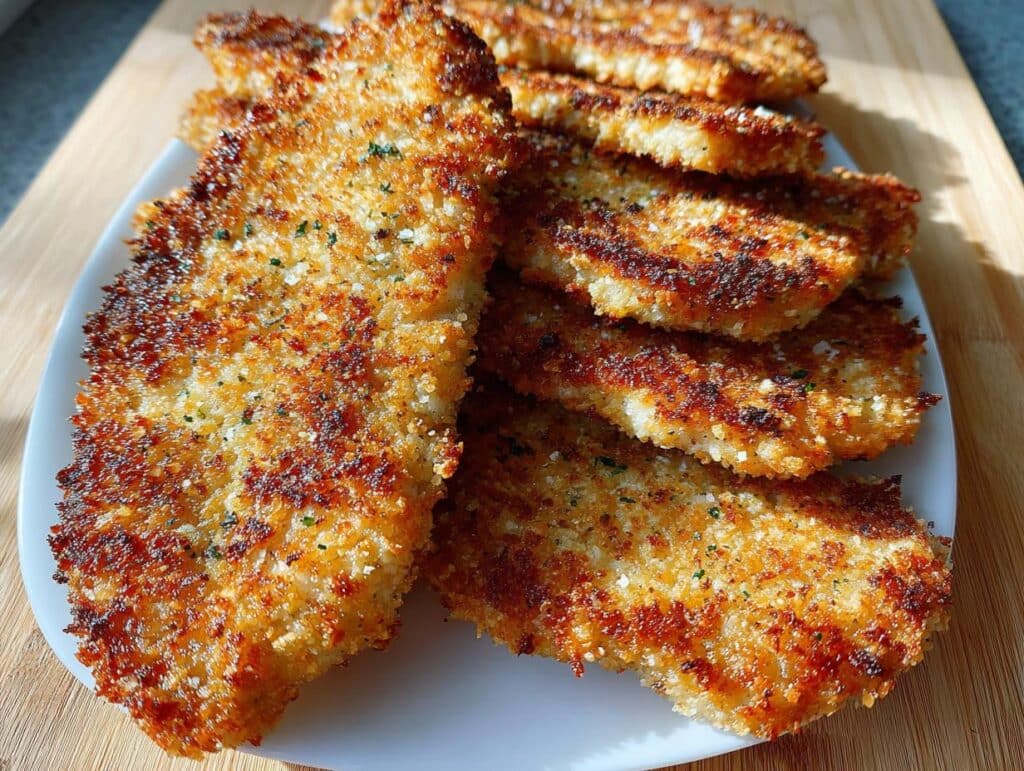 A stack of golden brown, perfectly cooked Crispy Parmesan Crusted Chicken Cutlets on a white plate.