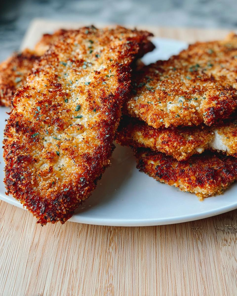 Close-up of several golden brown Crispy Parmesan Crusted Chicken Cutlets stacked on a white plate.