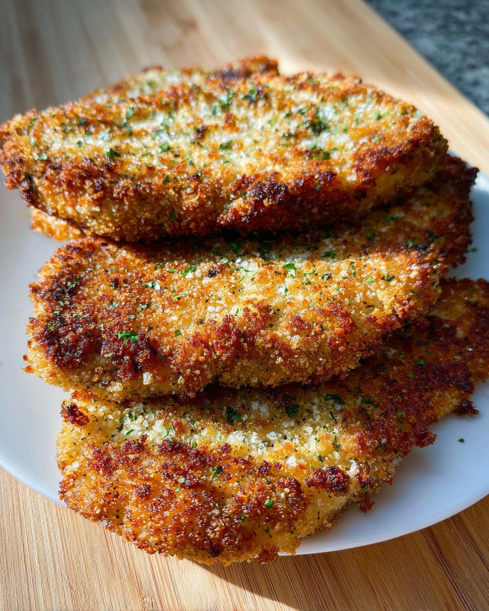 A stack of four golden brown Crispy Parmesan Crusted Chicken Cutlets sprinkled with parsley on a white plate.