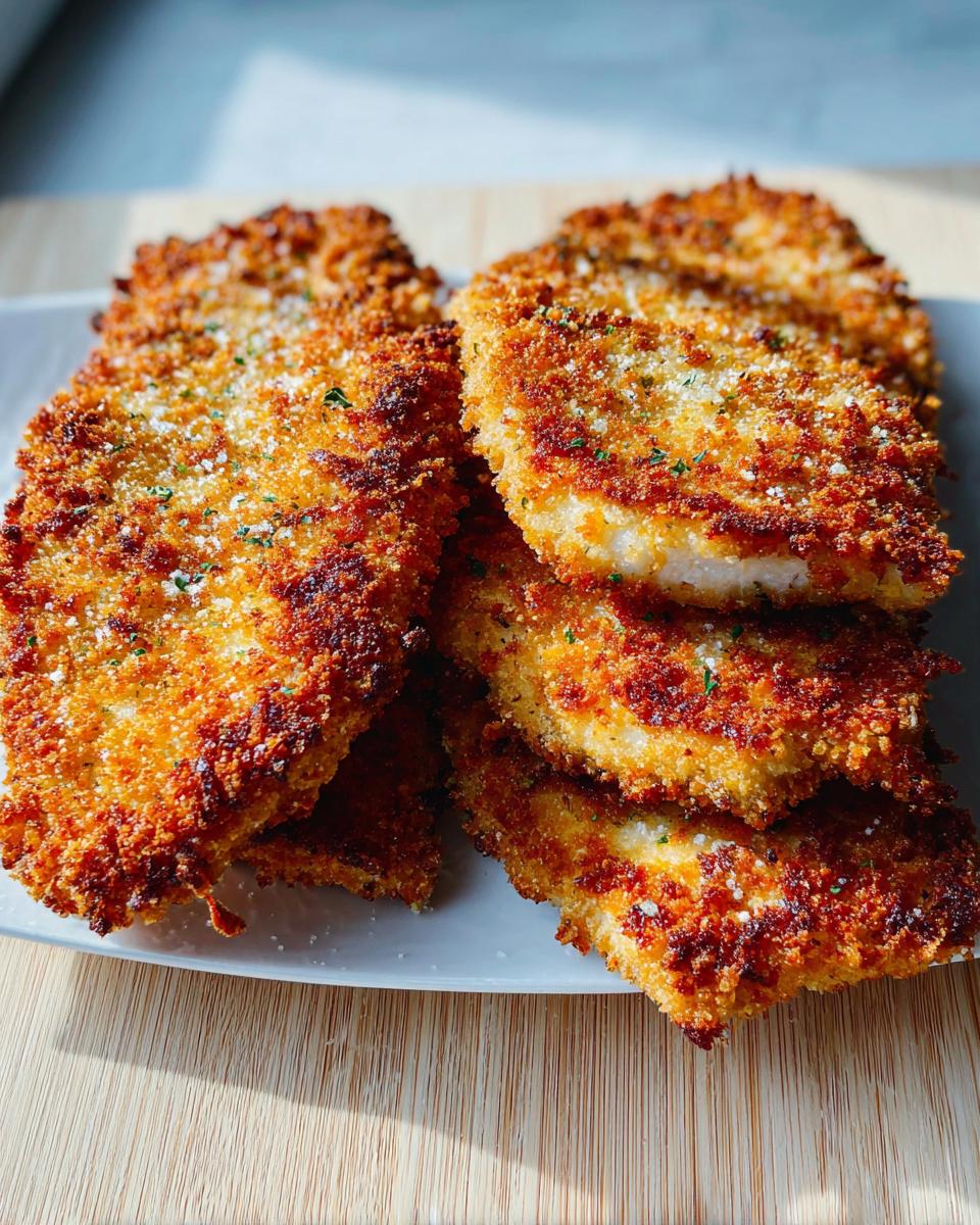 A stack of golden brown Crispy Parmesan Crusted Chicken Cutlets sprinkled with cheese and herbs.