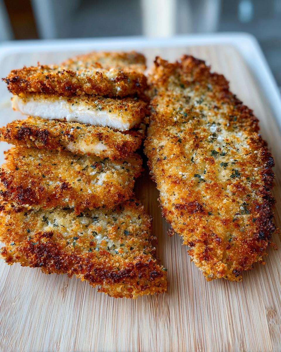 Golden brown, crispy Parmesan crusted chicken cutlets stacked and sliced on a wooden board.