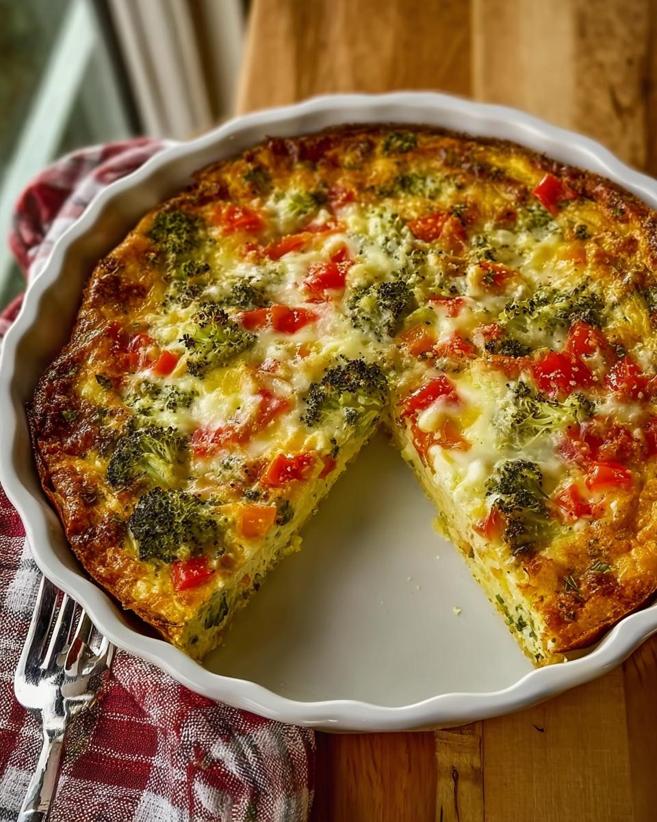 A whole, golden-brown Crustless Vegetable Quiche in a white pie dish, featuring visible broccoli and red peppers.