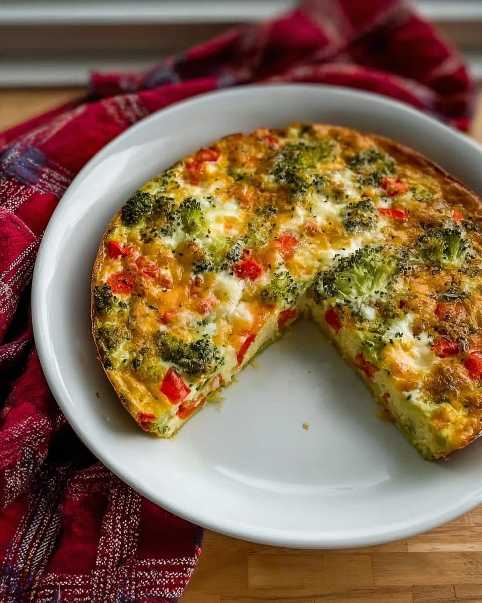 A round Crustless Vegetable Quiche, baked golden brown, with broccoli and red peppers visible, served on a white plate.