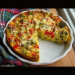 A golden-brown Crustless Vegetable Quiche baked in a white dish, featuring visible broccoli florets and red tomatoes.