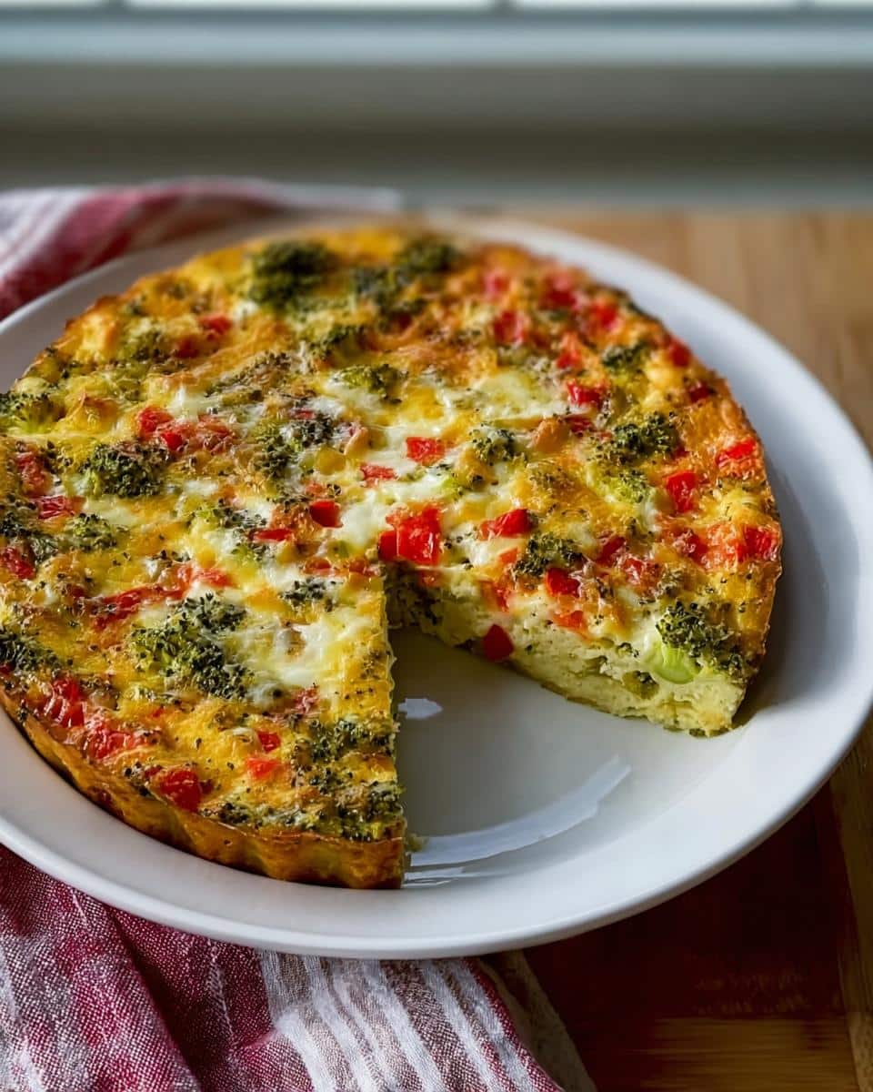 A golden baked Crustless Vegetable Quiche on a white plate, featuring visible broccoli and red peppers, with one slice cut out.