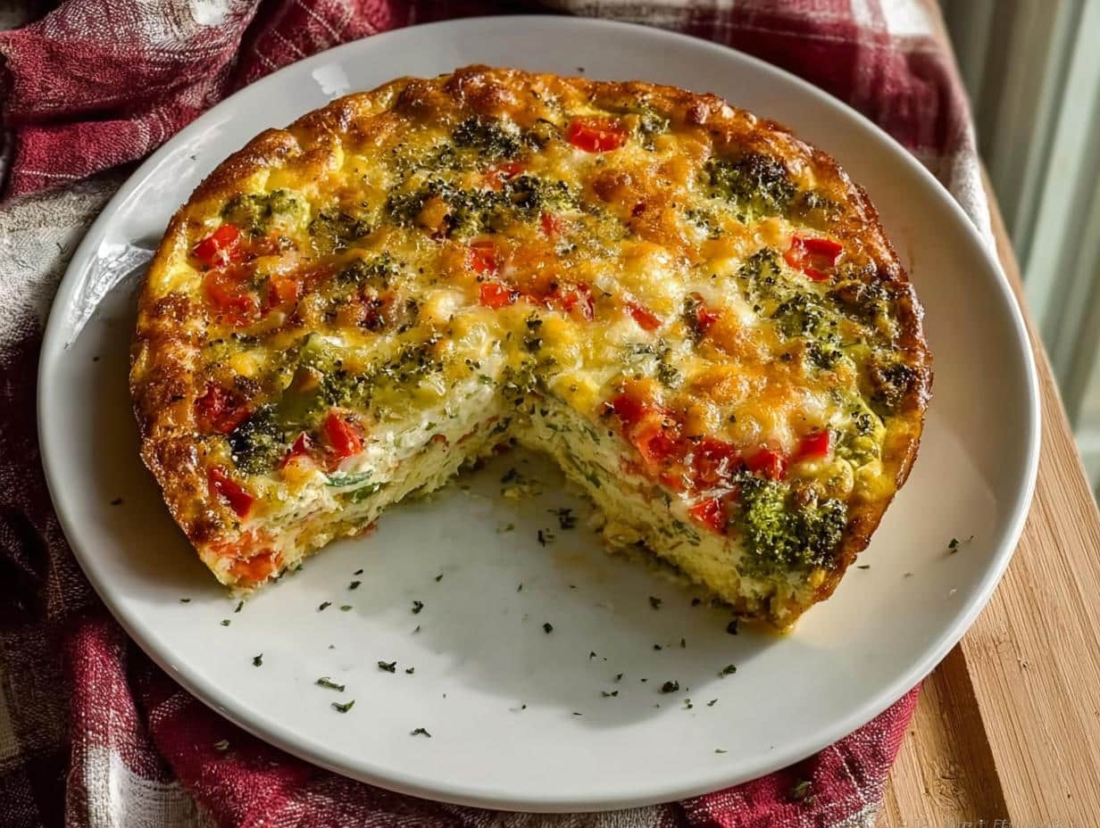 A whole Crustless Vegetable Quiche, golden brown and baked, with a slice removed, showing broccoli and red peppers.