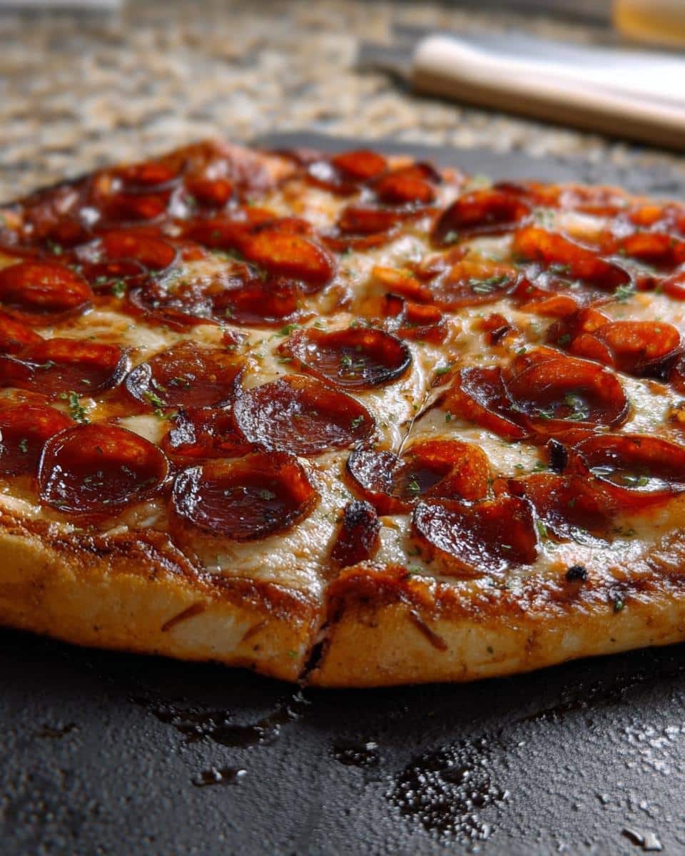 Close-up of a freshly baked Cup N’ Crisp Grilled Pepperoni Pizza with curled, crispy pepperoni slices.