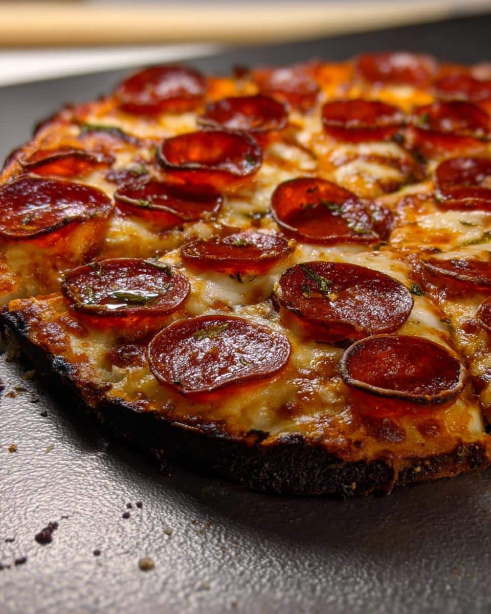 Close-up of a Cup N’ Crisp Grilled Pepperoni Pizza showing crispy, cupped pepperoni slices and melted cheese.