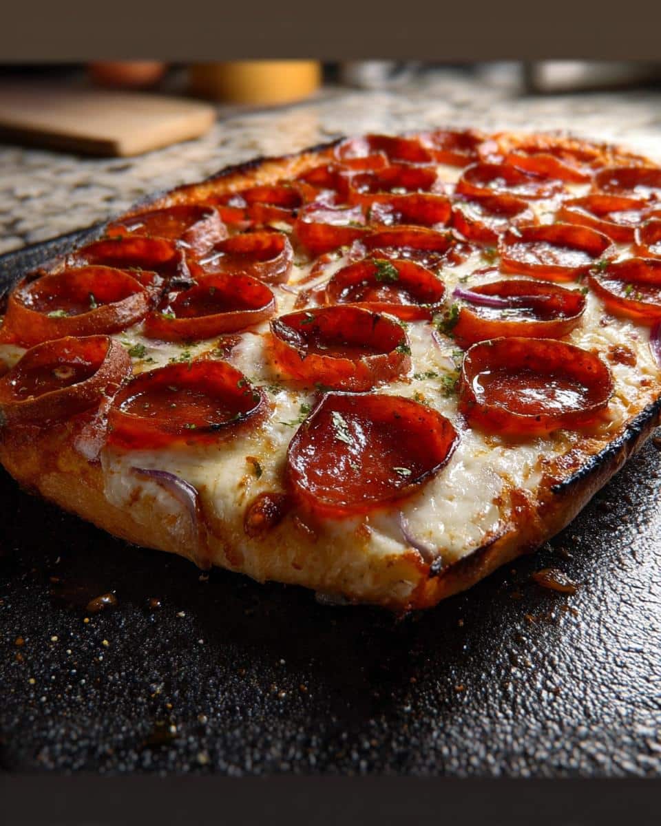 Close-up of a freshly made Cup N’ Crisp Grilled Pepperoni Pizza showing curled, crispy pepperoni cups and melted cheese.