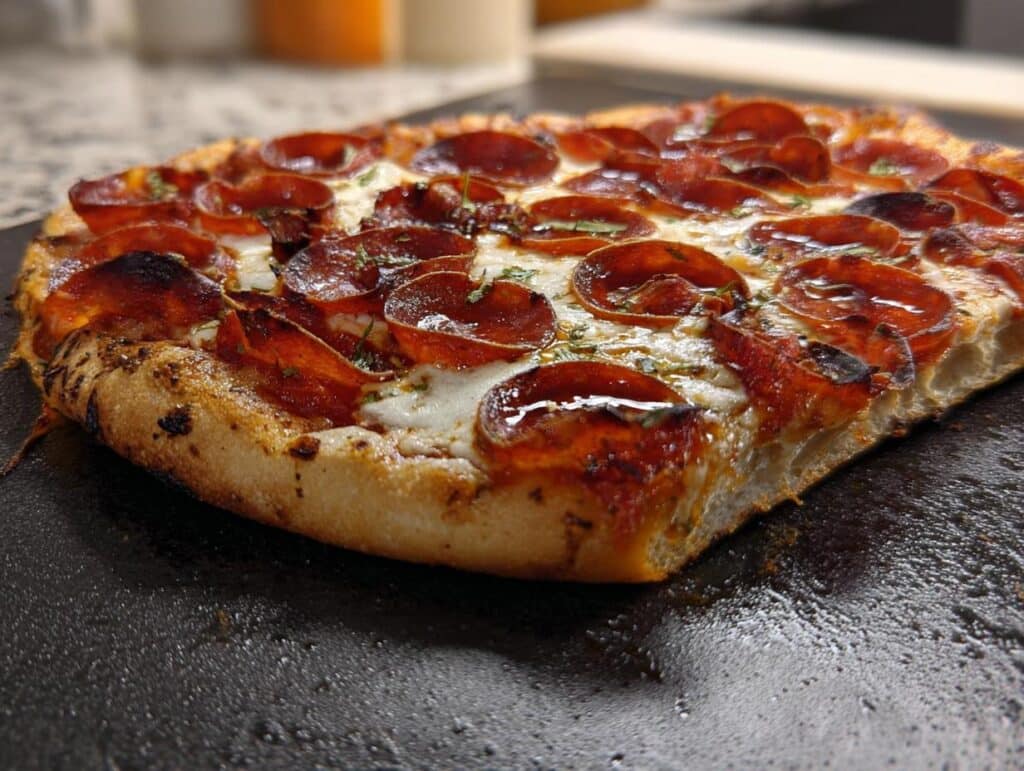 Close-up of a thick-crusted Cup N’ Crisp Grilled Pepperoni Pizza with glistening pepperoni cups and melted cheese.