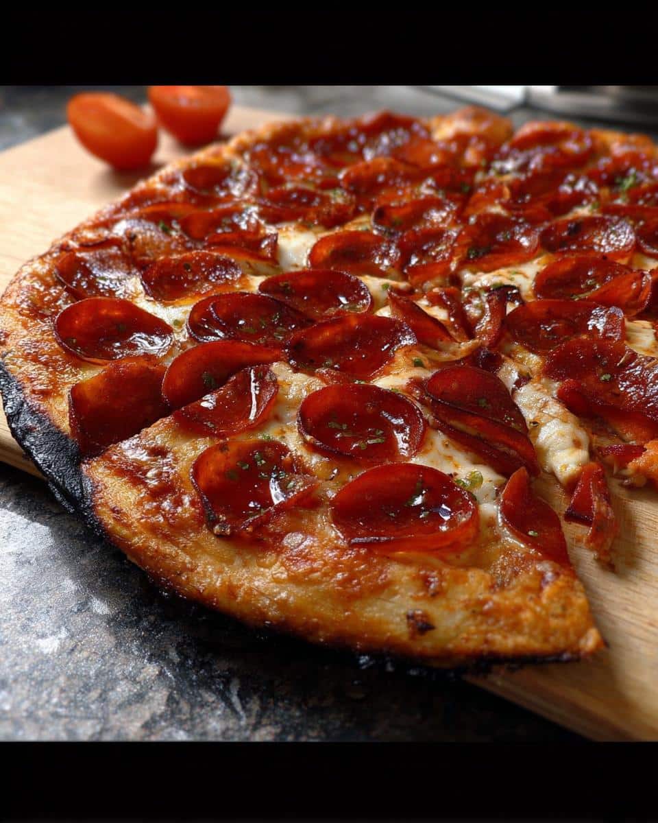 Close-up of a freshly made Cup N’ Crisp Grilled Pepperoni Pizza with curled, crispy pepperoni slices.