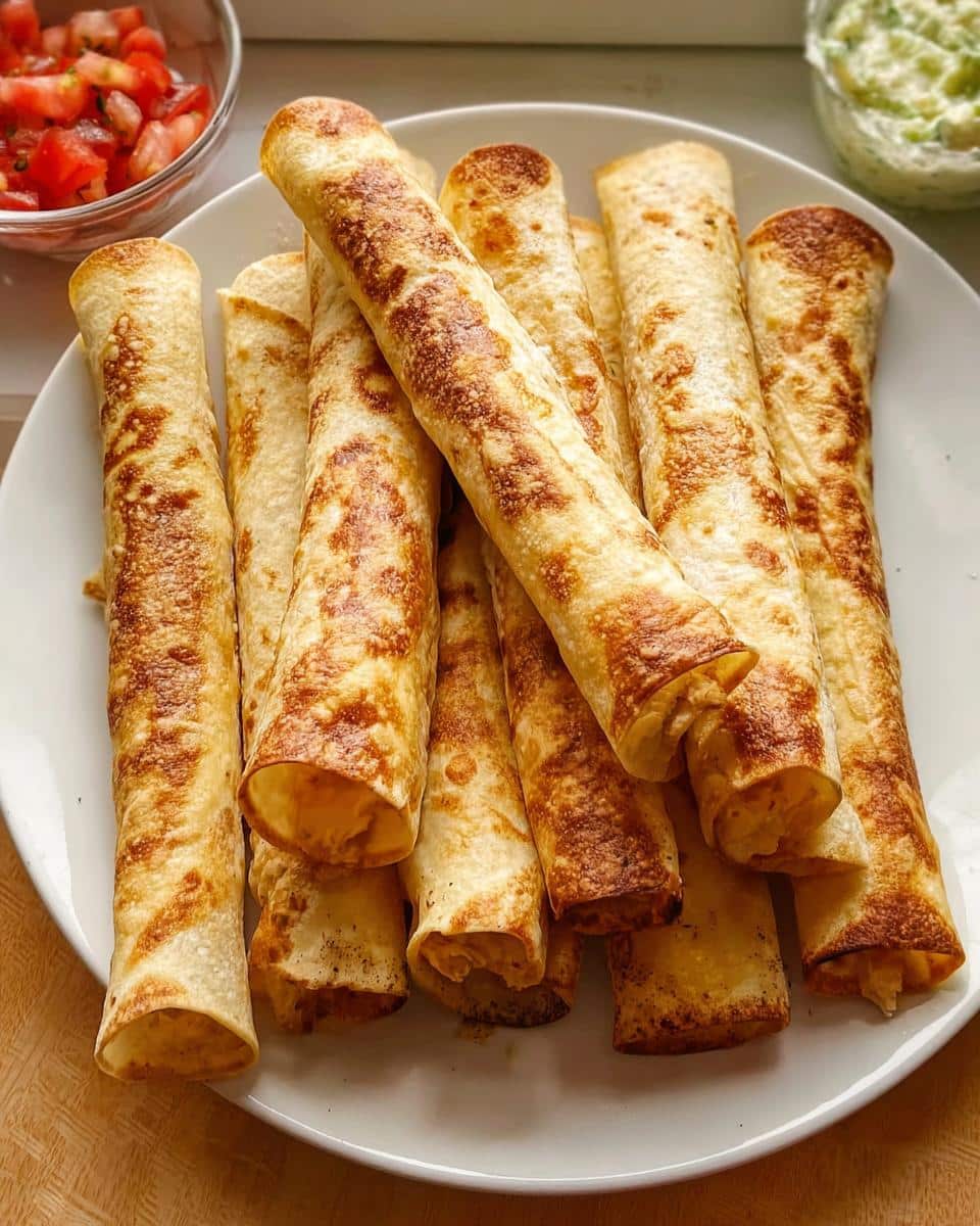 A pile of golden, crispy Dairy-Free Chicken Taquitos served on a white plate, with salsa visible in the background.