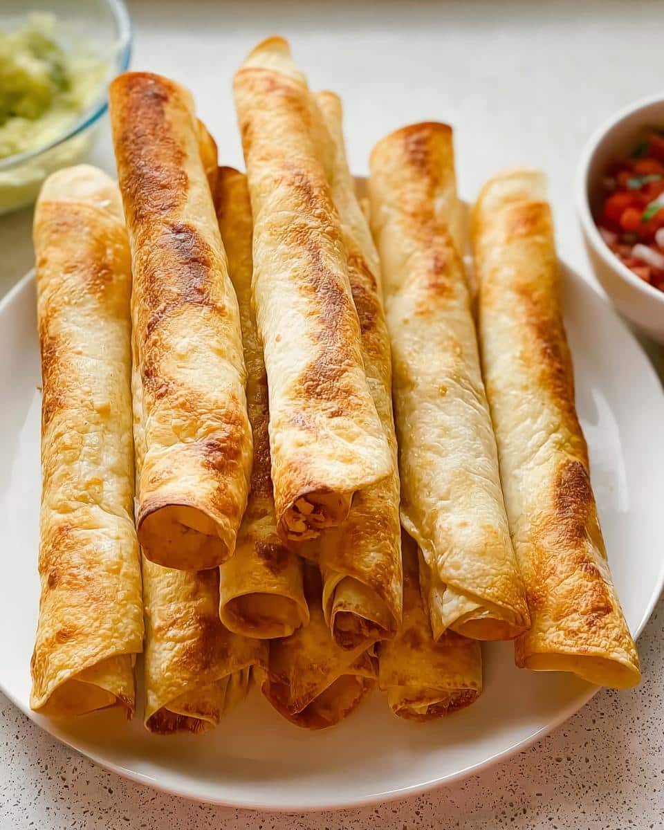 A pile of golden-brown, baked Dairy-Free Chicken Taquitos served on a white plate with dips in the background.