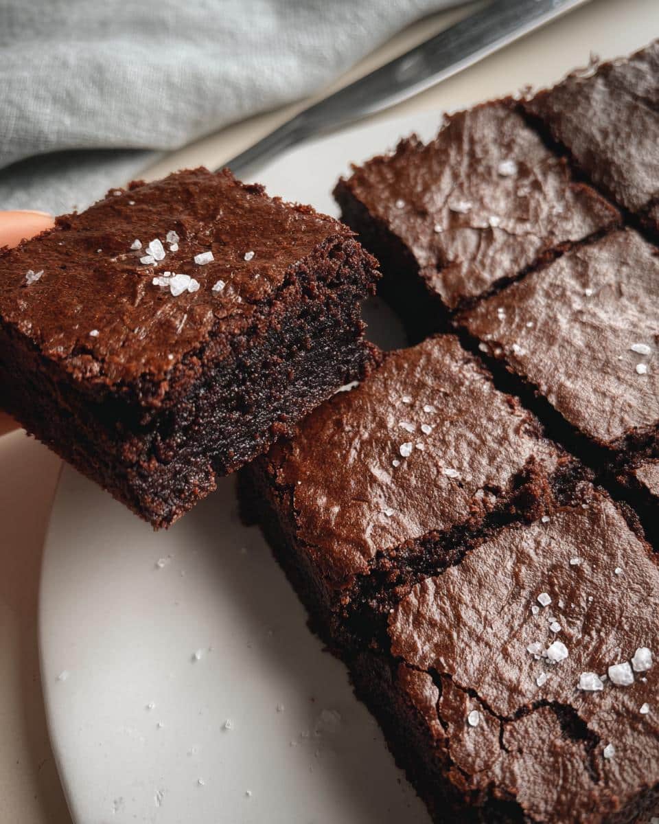 A hand lifting one fudgy Dark Chocolate Espresso Brownie square sprinkled with flaky sea salt.