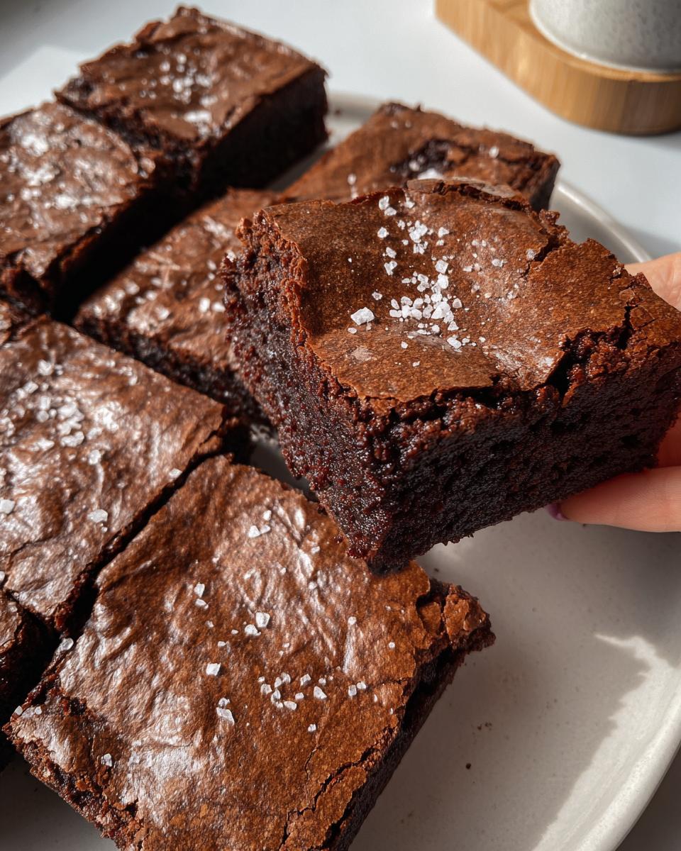 A hand holds up one fudgy Dark Chocolate Espresso Brownie, topped with flaky sea salt, next to others on a plate.