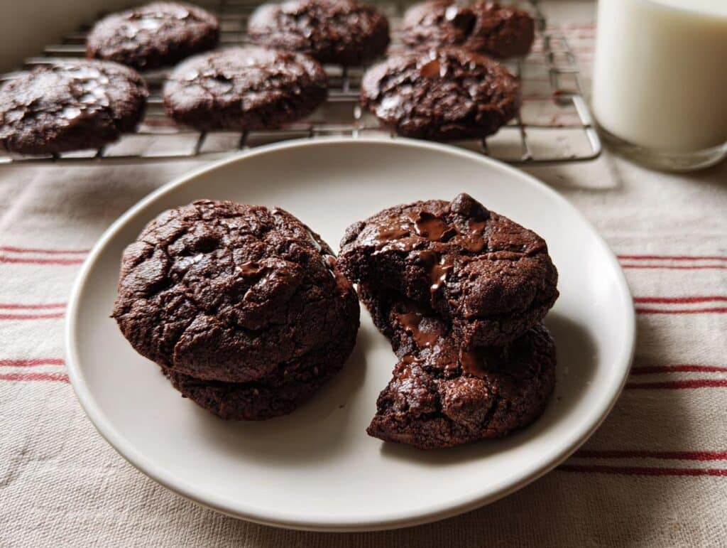 Two rich Double Chocolate Espresso Cookies stacked on a white plate, with melted chocolate visible, and more cookies cooling in the background.