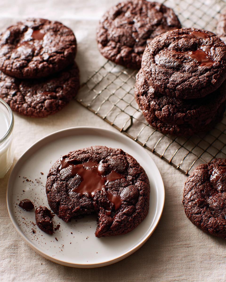 A close-up of a Double Chocolate Espresso Cookie with a bite taken out, showing gooey melted chocolate.