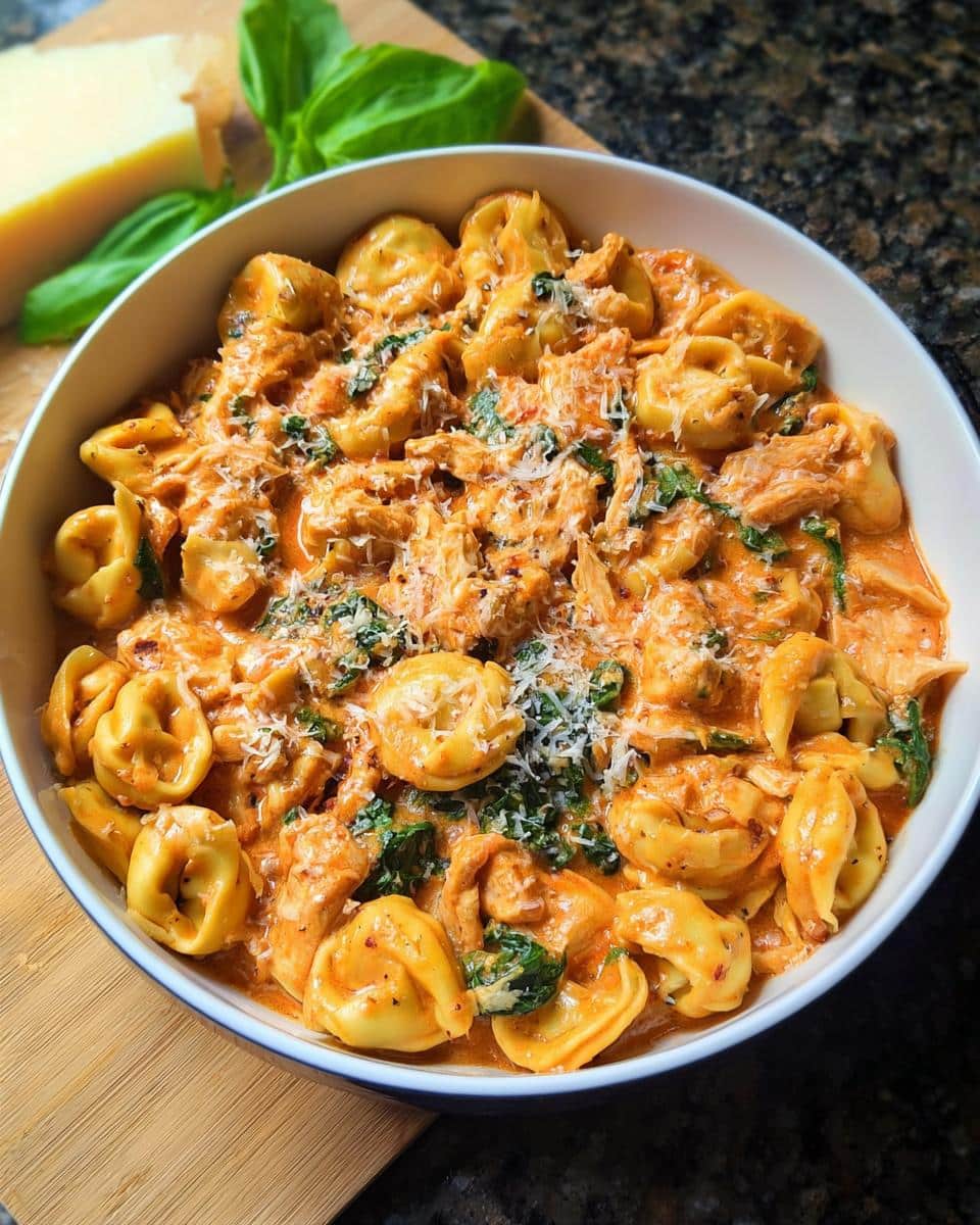 A bowl of creamy, orange-sauced Dump & Go Chicken Tortellini Crockpot topped with Parmesan cheese and basil.