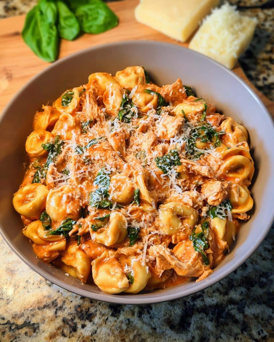A bowl of creamy Dump & Go Chicken Tortellini Crockpot topped with shredded Parmesan and fresh basil.