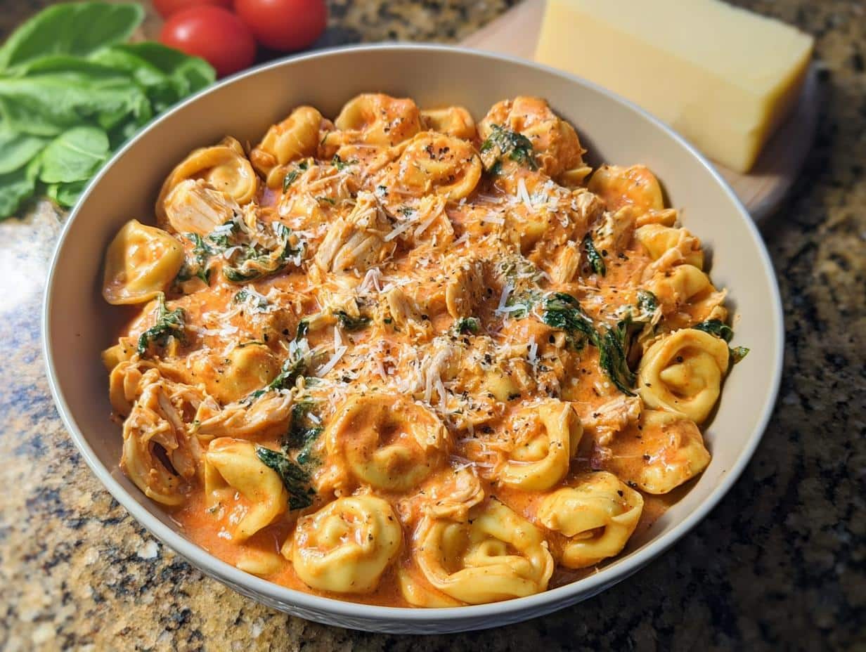 A bowl filled with creamy, orange-sauced tortellini, shredded chicken, and spinach, topped with Parmesan cheese, ready for the Dump & Go Chicken Tortellini Crockpot recipe.