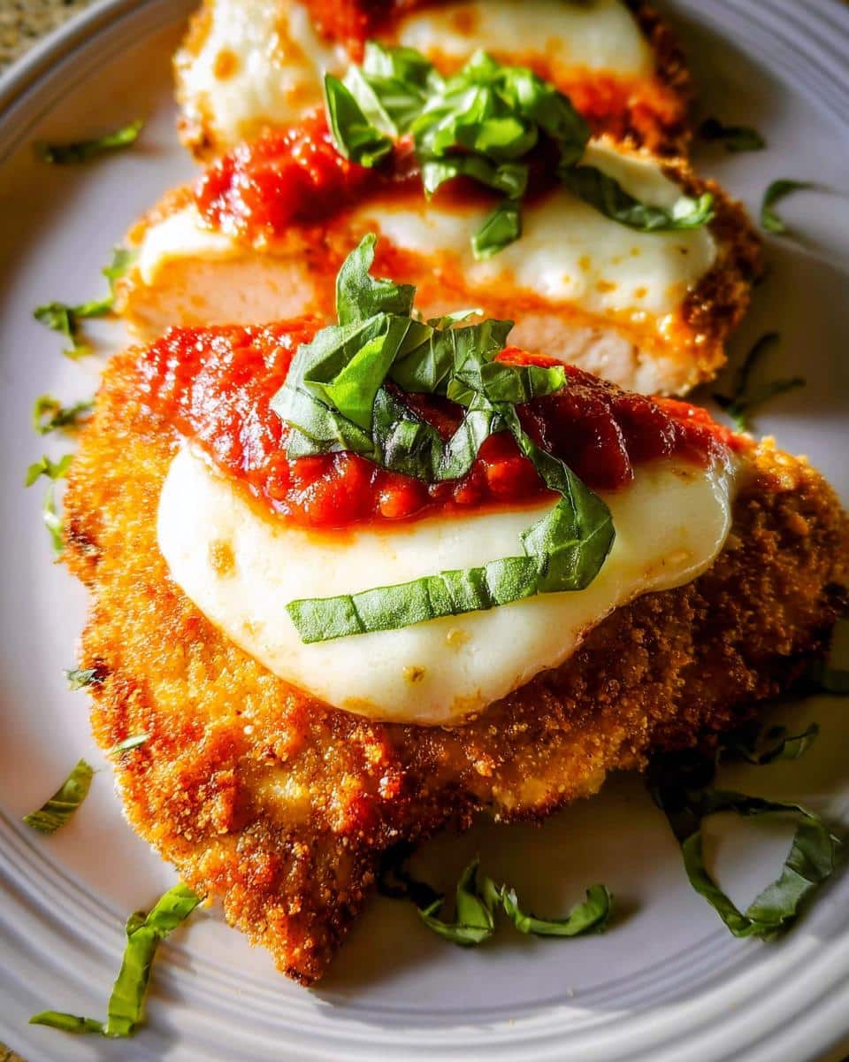 Close-up of golden brown Baked Chicken Parmesan topped with melted mozzarella, marinara sauce, and fresh basil.