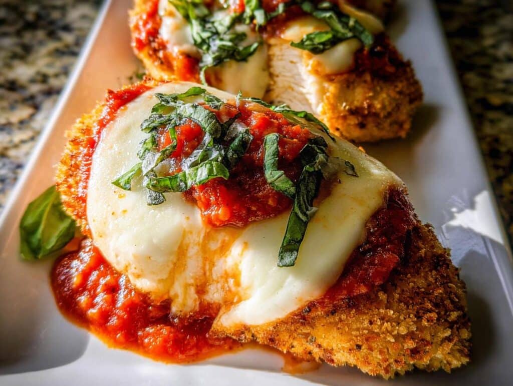Close-up of a golden-crusted Baked Chicken Parmesan topped with melted mozzarella, marinara sauce, and fresh basil.