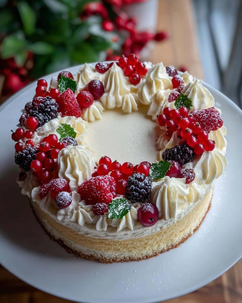 A beautiful, round easy Christmas Wreath Cake topped with piped cream, red currants, blackberries, and powdered sugar.