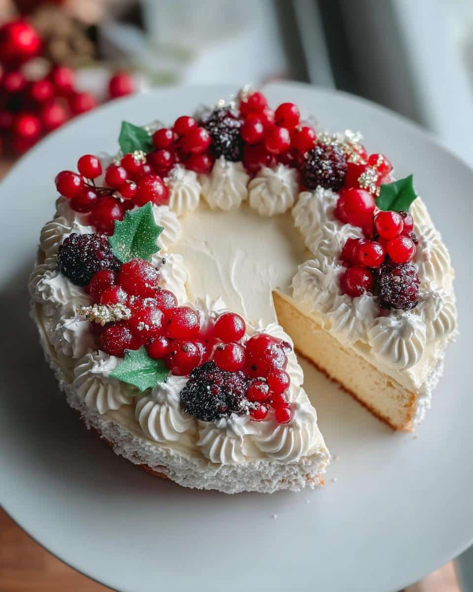 A slice removed from an easy Christmas Wreath Cake decorated with white frosting, red currants, blackberries, and holly leaves.