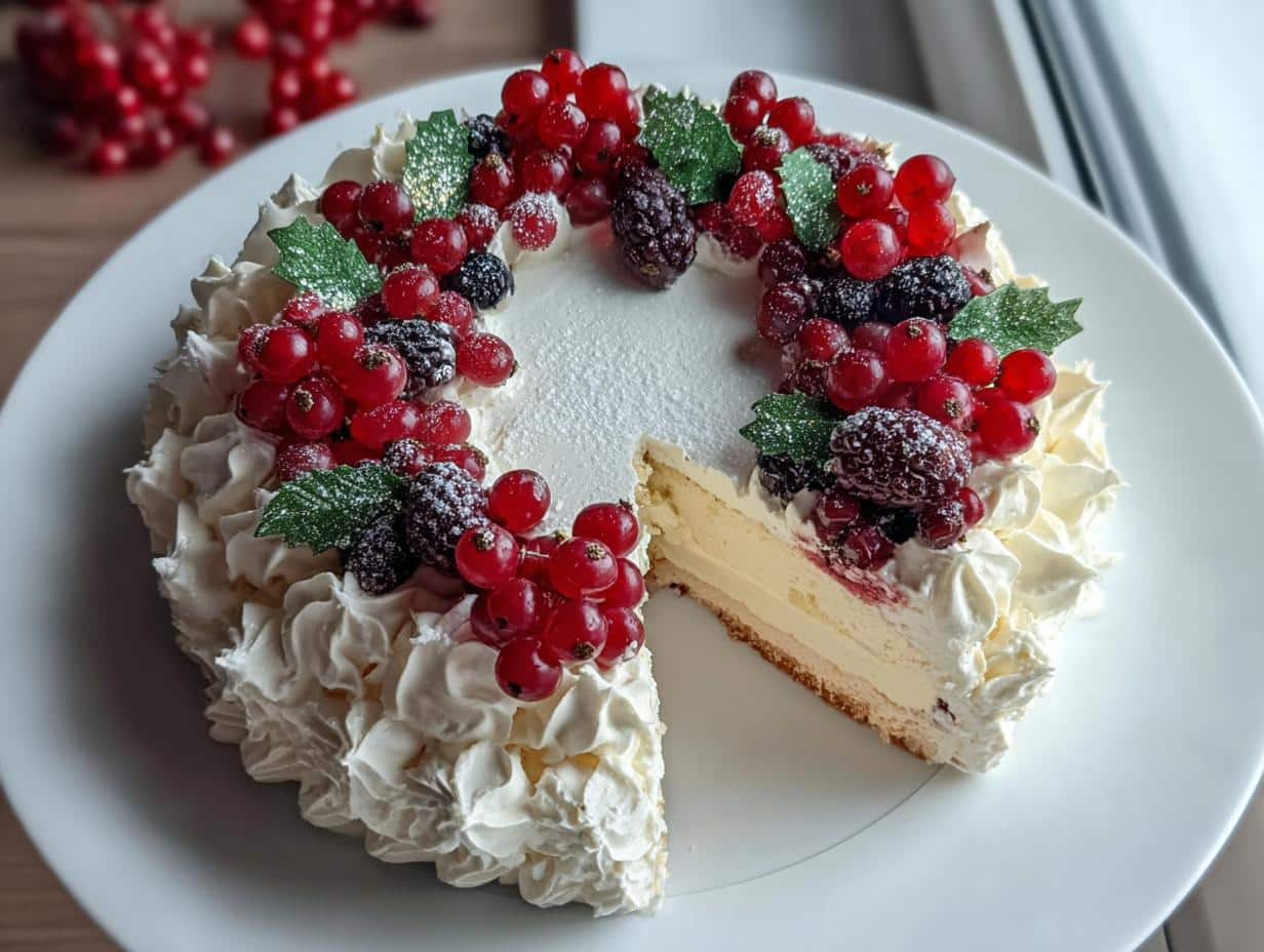 A slice cut from an easy Christmas Wreath Cake decorated with whipped cream, red currants, blackberries, and powdered sugar.