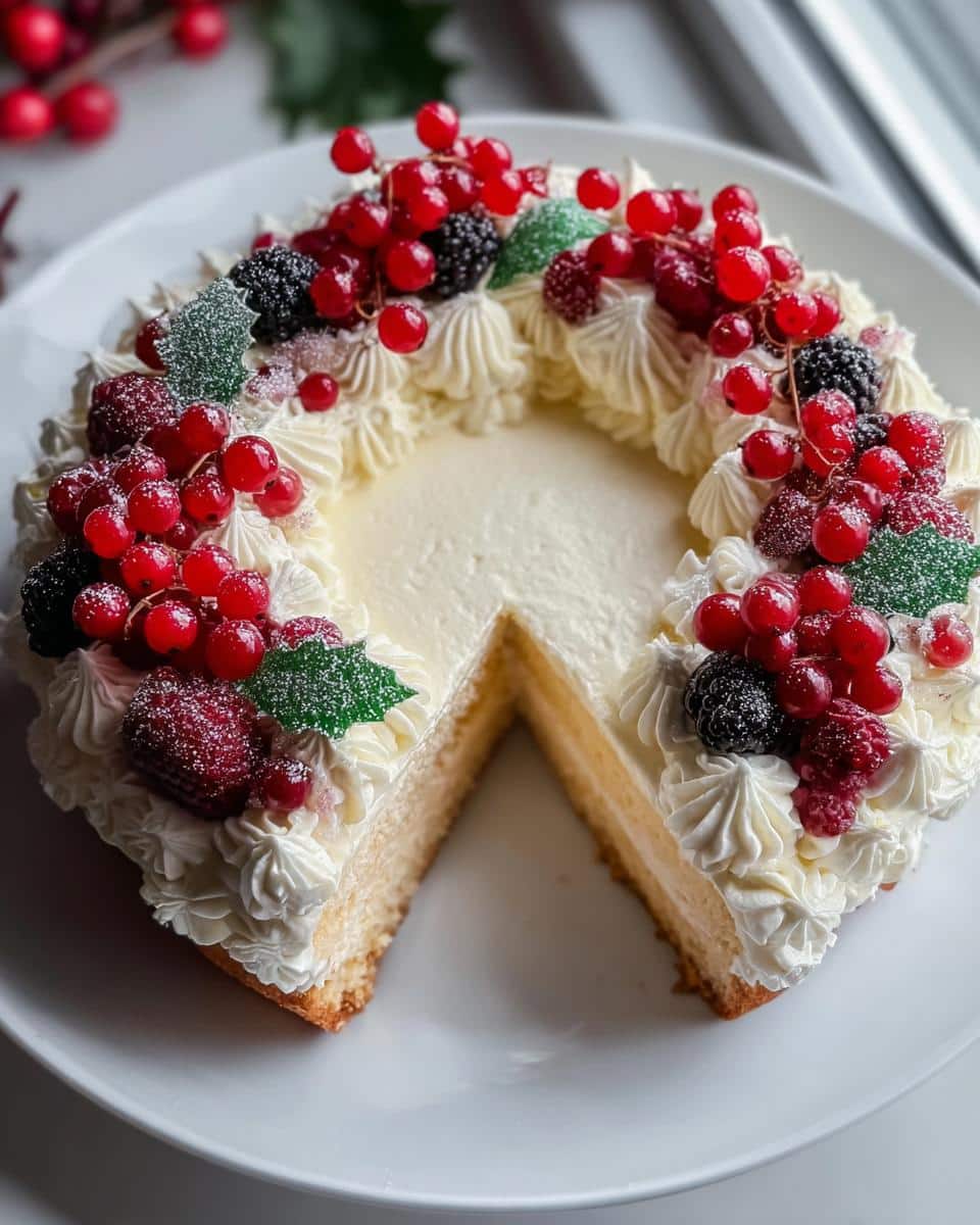 A slice removed from an easy Christmas Wreath Cake decorated with whipped cream, red currants, and blackberries.