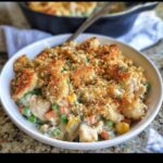A white bowl filled with EASY Crustless Chicken Pot Pie, featuring creamy chicken and vegetables topped with golden brown crumbs.