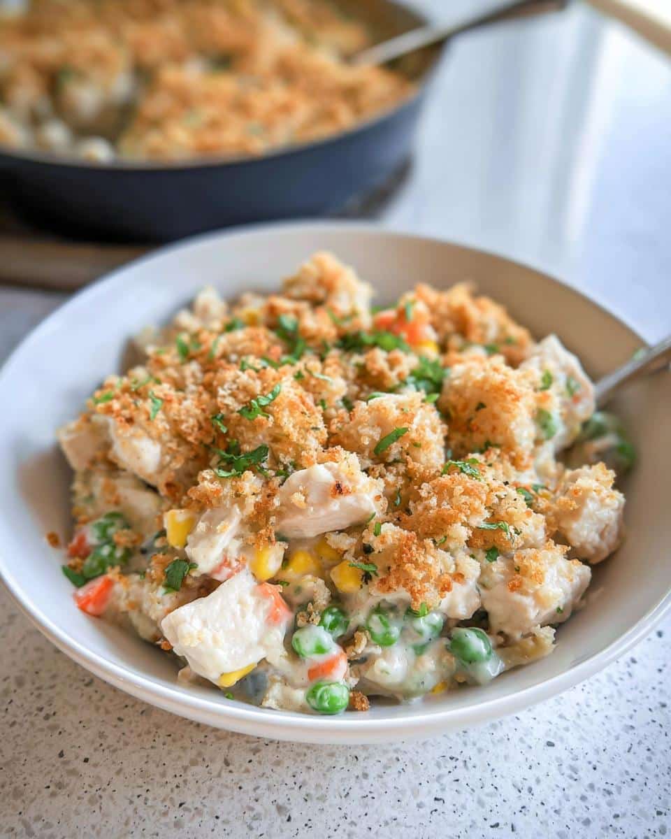 A bowl filled with EASY Crustless Chicken Pot Pie, featuring chicken, peas, carrots, and a crispy breadcrumb topping.