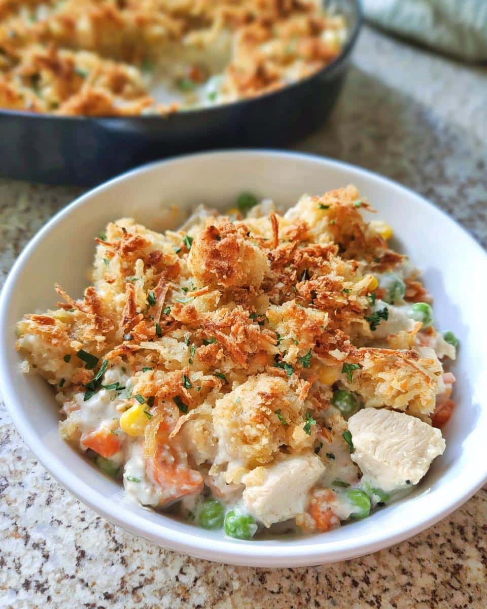 A bowl of EASY Crustless Chicken Pot Pie topped with crispy breadcrumbs, featuring chicken, peas, and carrots in a creamy sauce.