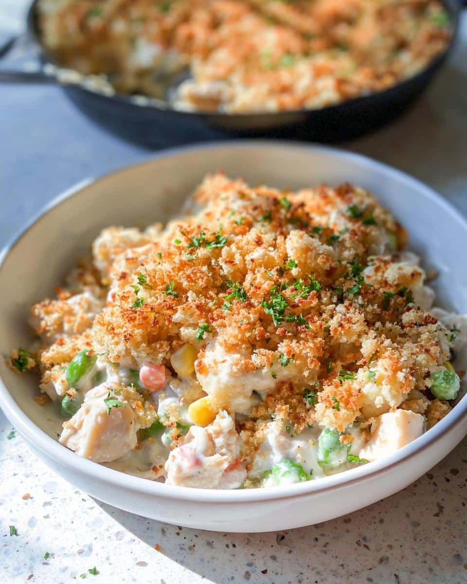 A bowl filled with EASY Crustless Chicken Pot Pie, featuring creamy chicken and vegetables topped with golden breadcrumbs and parsley.