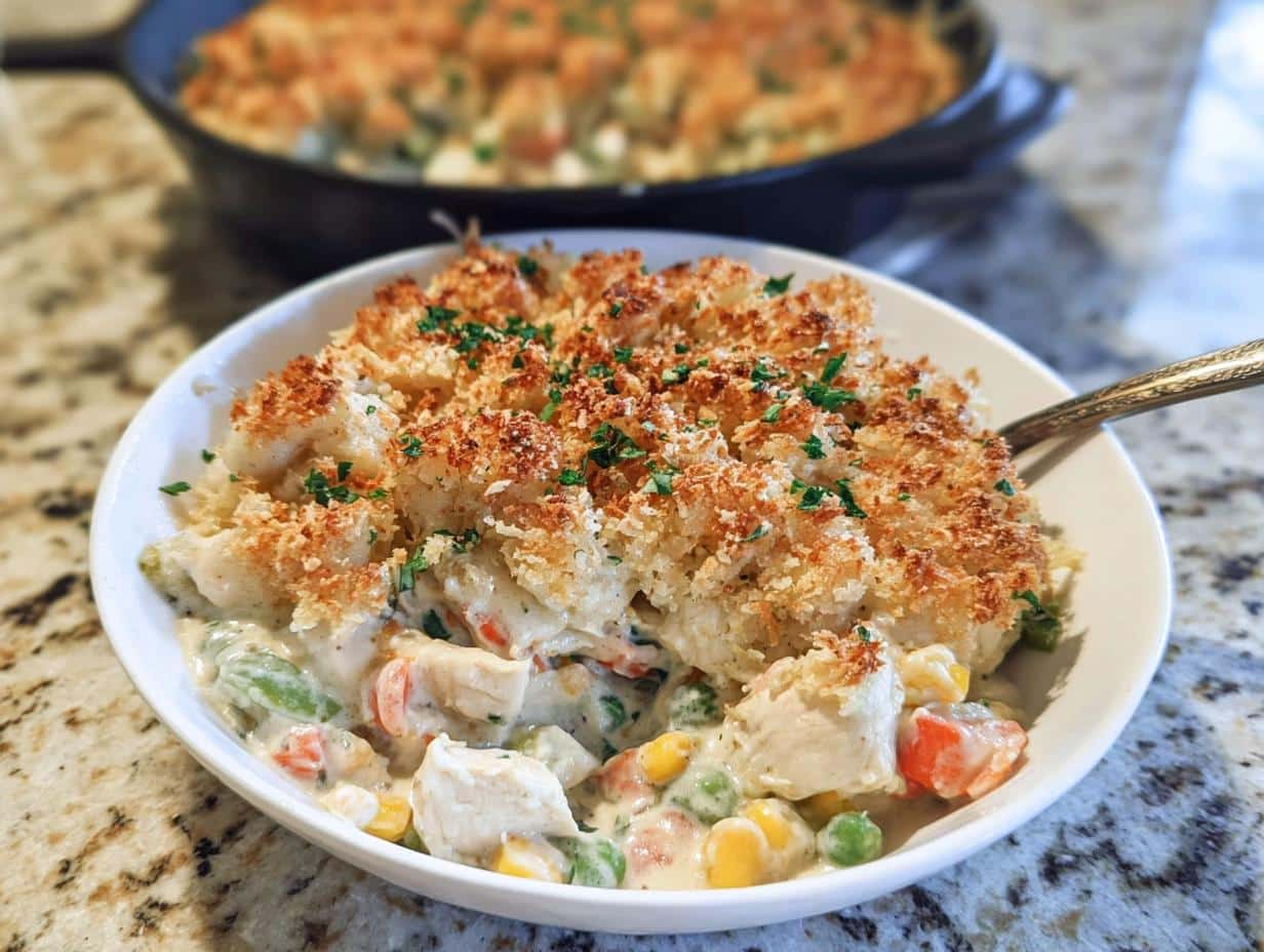A bowl of EASY Crustless Chicken Pot Pie featuring creamy chicken and vegetables topped with golden, crunchy topping.